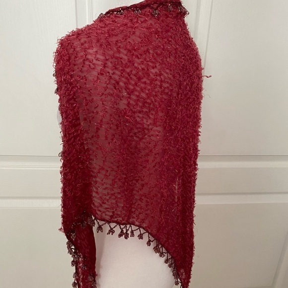 Sterling Styles Red Beaded Triangle Wrap | Formal Evening Shawl OS - Picture 3 of 9